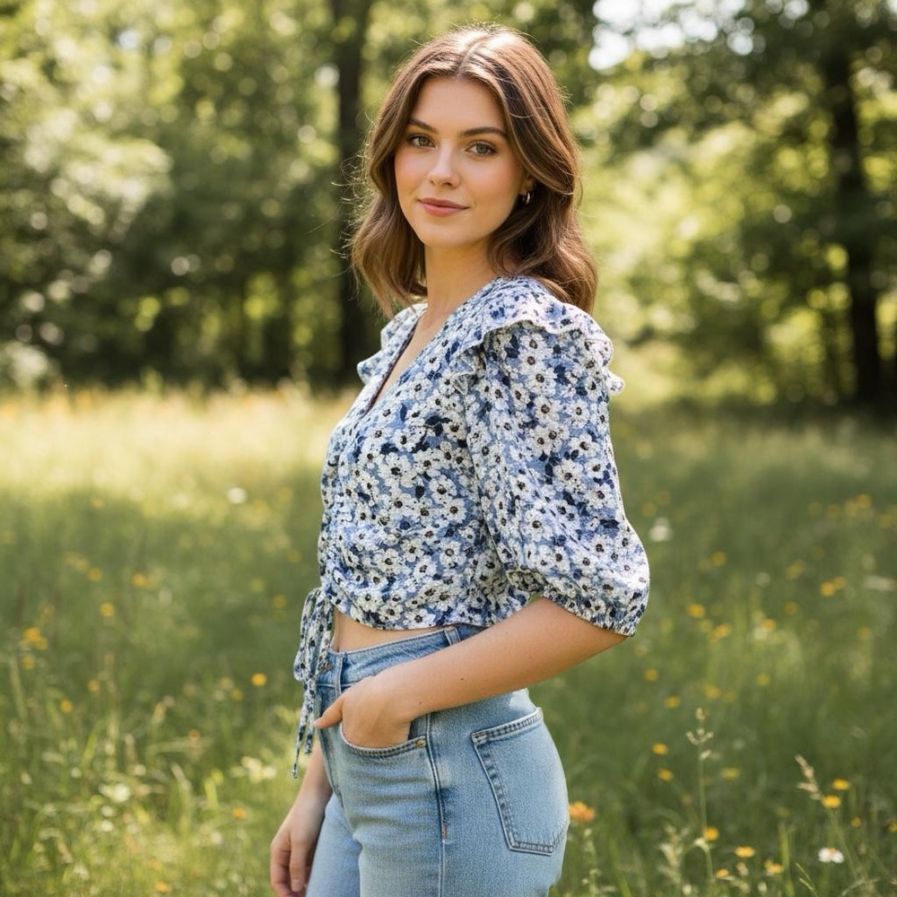 Top Shop Womens Blue Floral Pointelle Eyelet Ruched Ruffle Crop Top Size 10